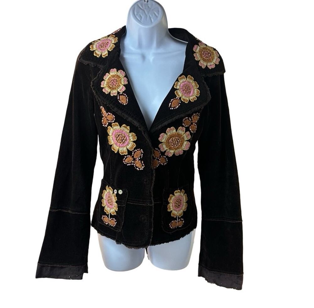 Johnny Was Joystick Brown Corduroy Jacket M Hand Stitched Floral Embroidered